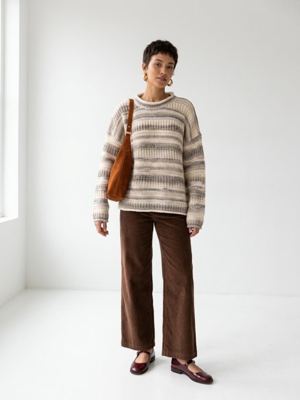 Time and Tru Neutral Striped Chunky Knit Sweater Cream Taupe XL 16 18
